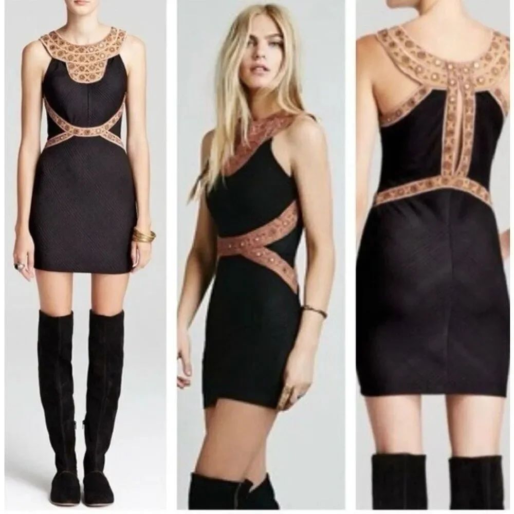 Free People Egyptian Nefertiti Embellished Black Mini Dress Women's Small